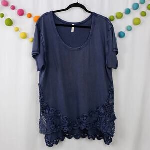 Free People Navy Blue Oversized Short Sleeve Crochet Lace Tunic Blouse Tee Small